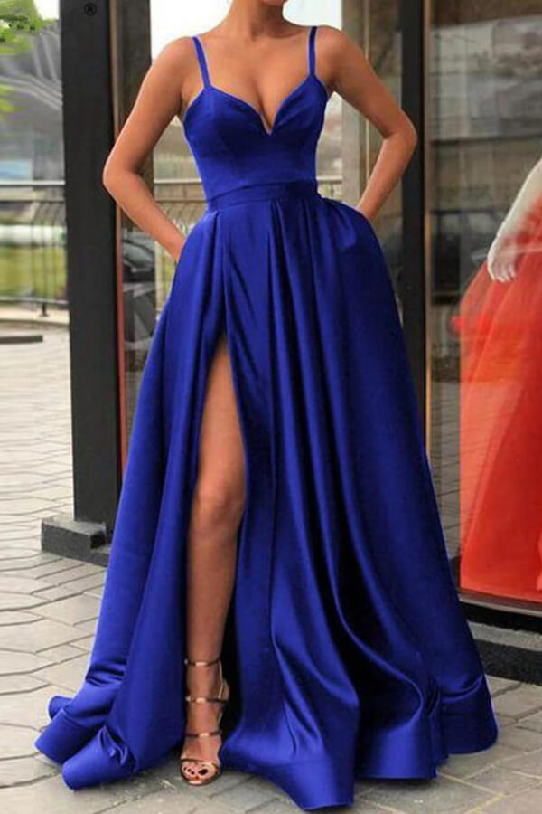 Royal Blue Satin A Line Prom Dresses ...